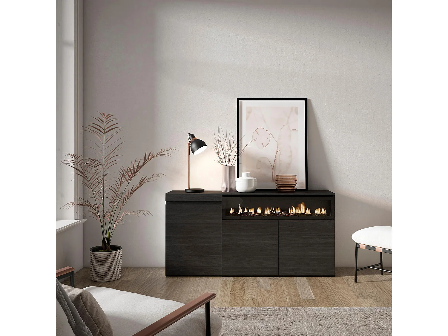 Sideboard, Highboard, 150x35x75cm, 3 Türen, Elektrokamin, Schwarz