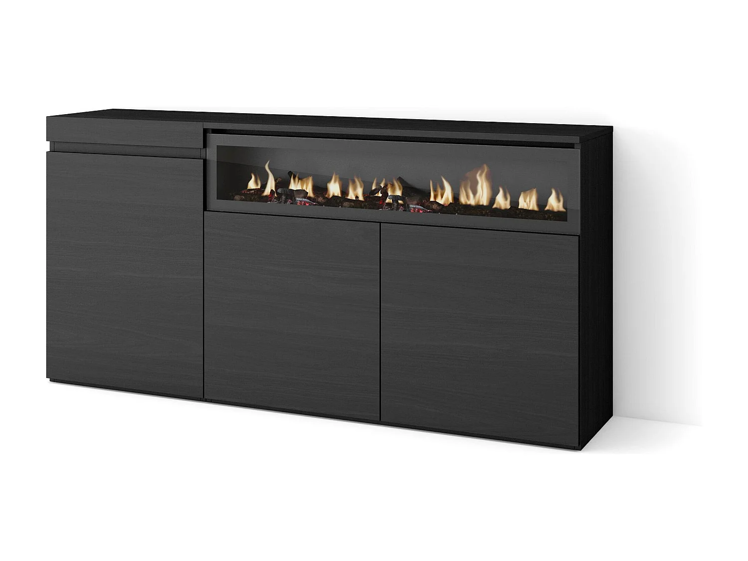 Sideboard, Highboard, 150x35x75cm, 3 Türen, Elektrokamin, Schwarz