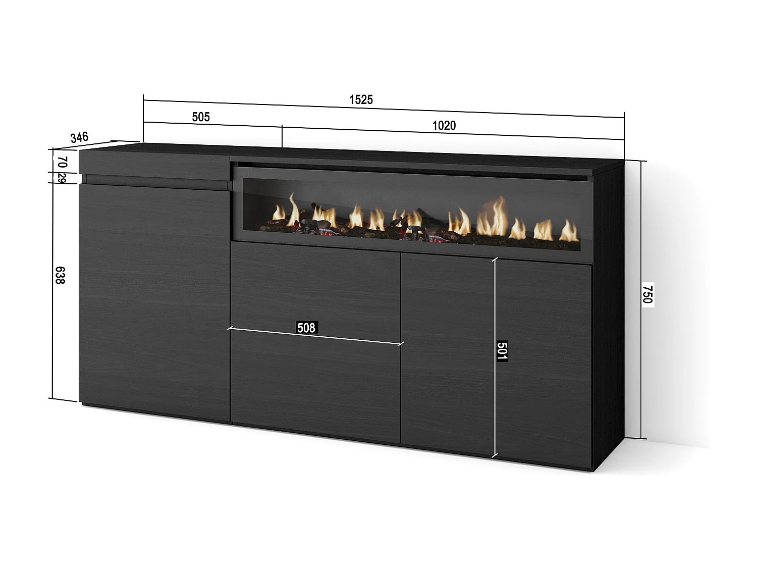 Sideboard, Highboard, 150x35x75cm, 3 Türen, Elektrokamin, Schwarz