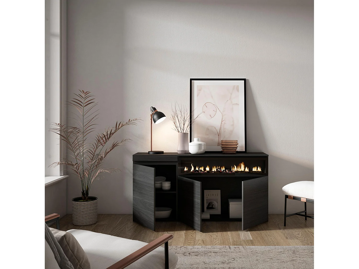 Aparador sala de jantar, 150x35x75cm, 3 Portas, Lareira eléctrica, Preto