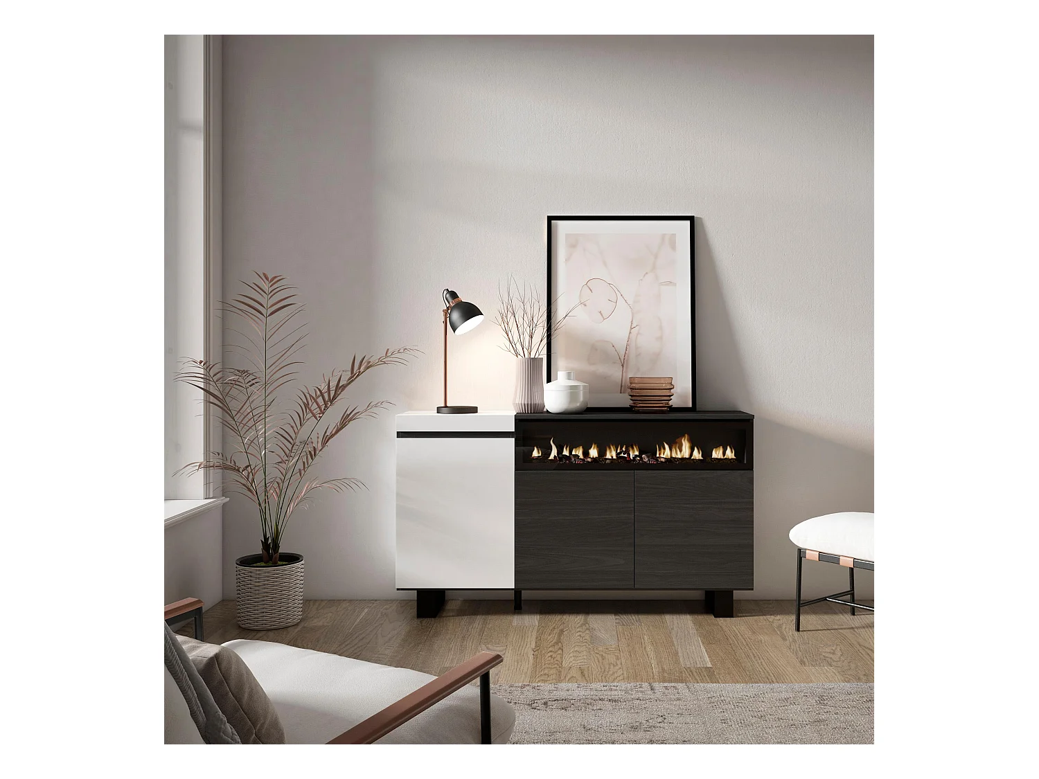 Aparador sala de jantar, 150x35x87cm, 3 Portas, Lareira eléctrica, Design industrial, Branco e preto