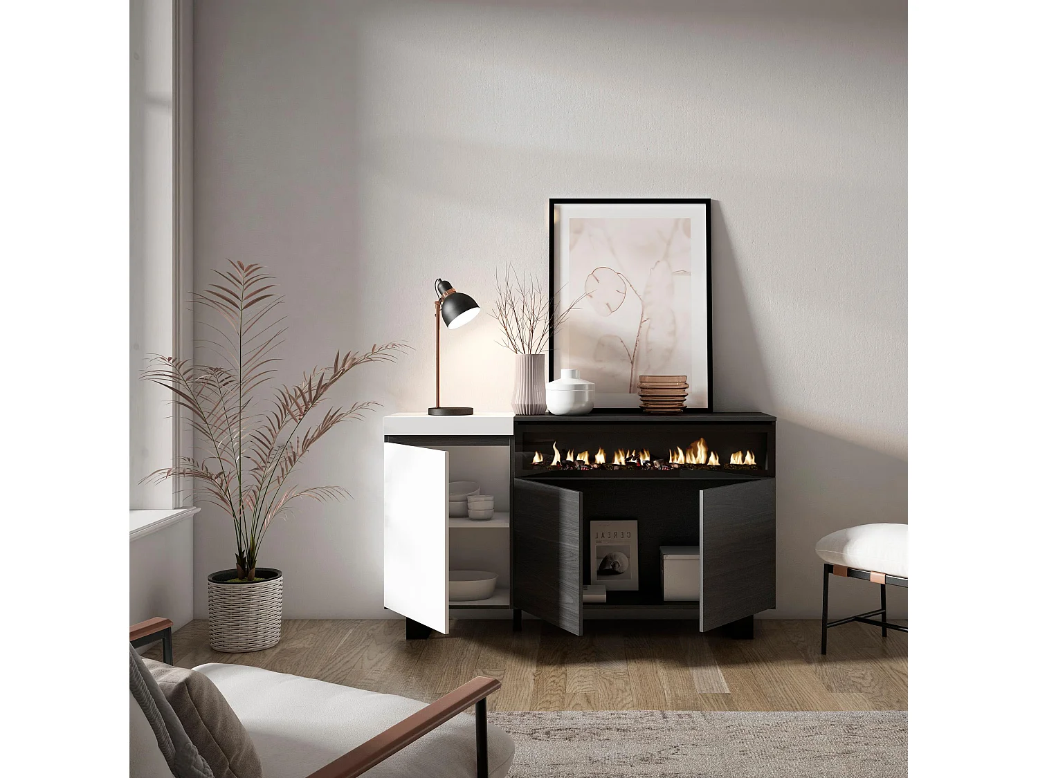 Aparador sala de jantar, 150x35x87cm, 3 Portas, Lareira eléctrica, Design industrial, Branco e preto