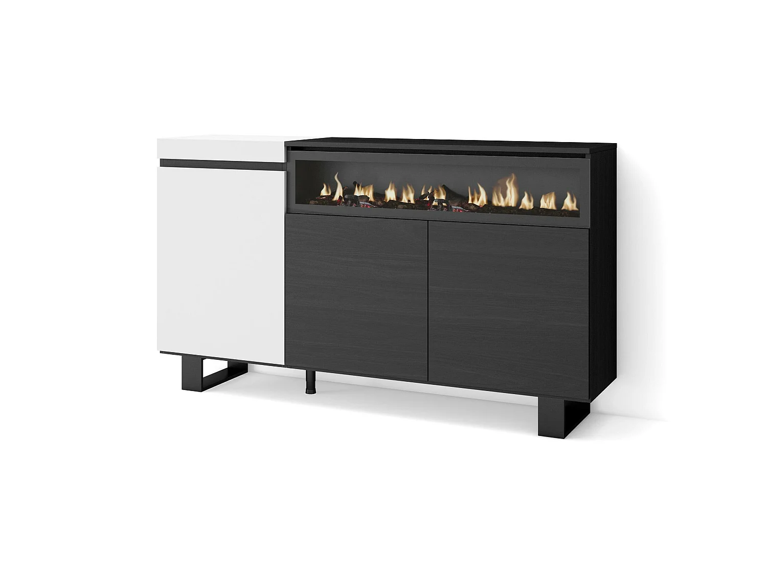 Buffet salon et cuisine, 150x35x87cm, 3 Portes, Cheminée électrique, Design industriel, Blanc et noir