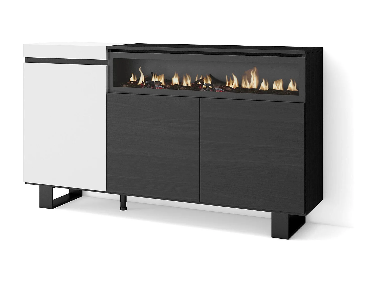 Buffet salon et cuisine, 150x35x87cm, 3 Portes, Cheminée électrique, Design industriel, Blanc et noir