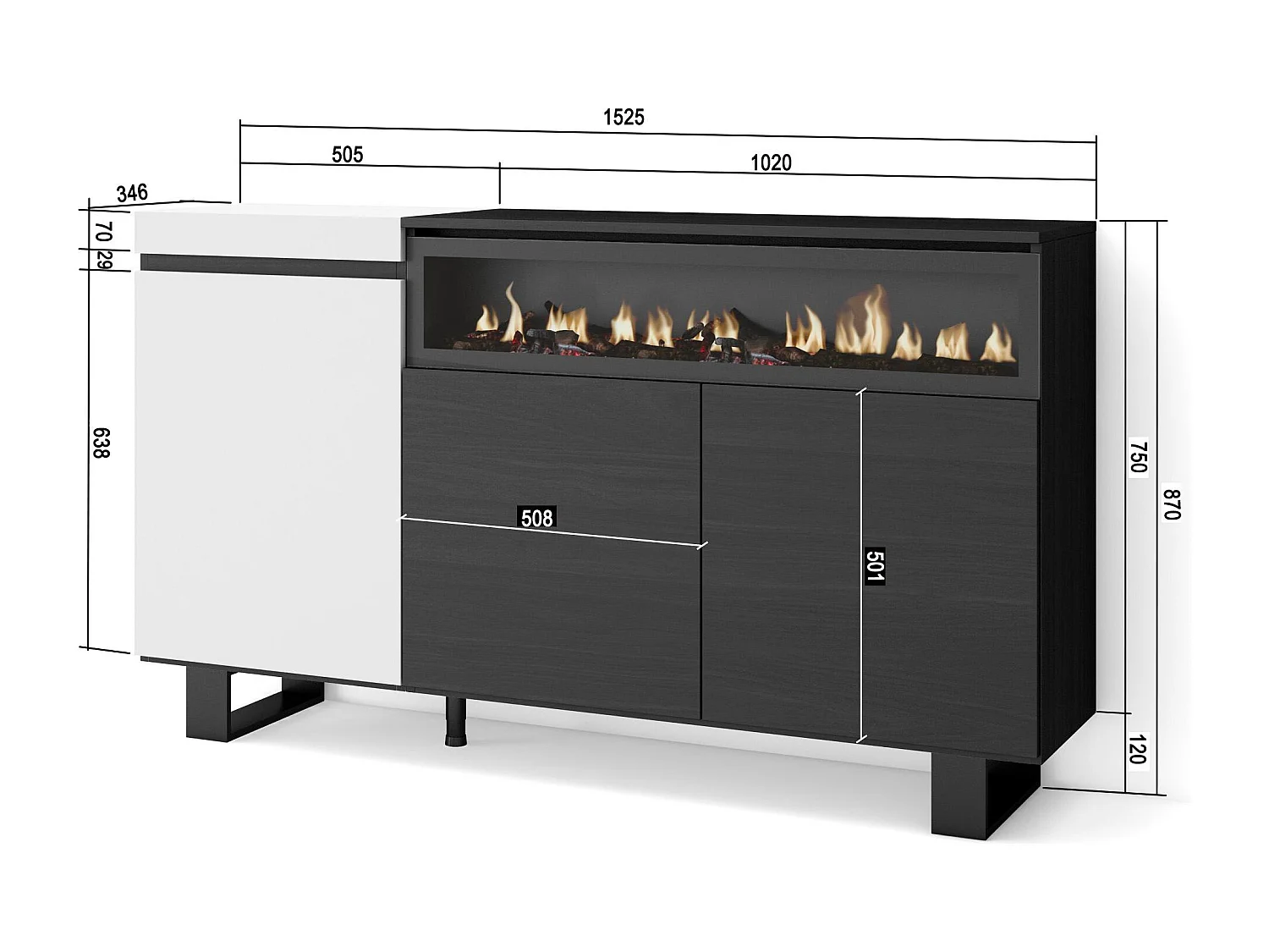 Buffet salon et cuisine, 150x35x87cm, 3 Portes, Cheminée électrique, Design industriel, Blanc et noir