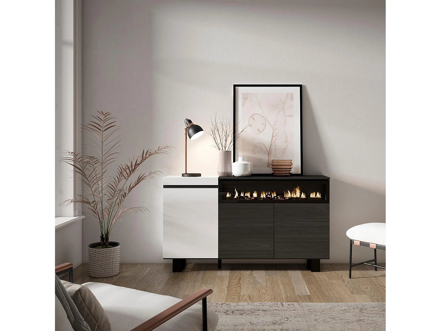 Sideboard, Highboard, 150x35x87cm, 3 Türen, Elektrokamin, Industriedesign, Weiß und Schwarz