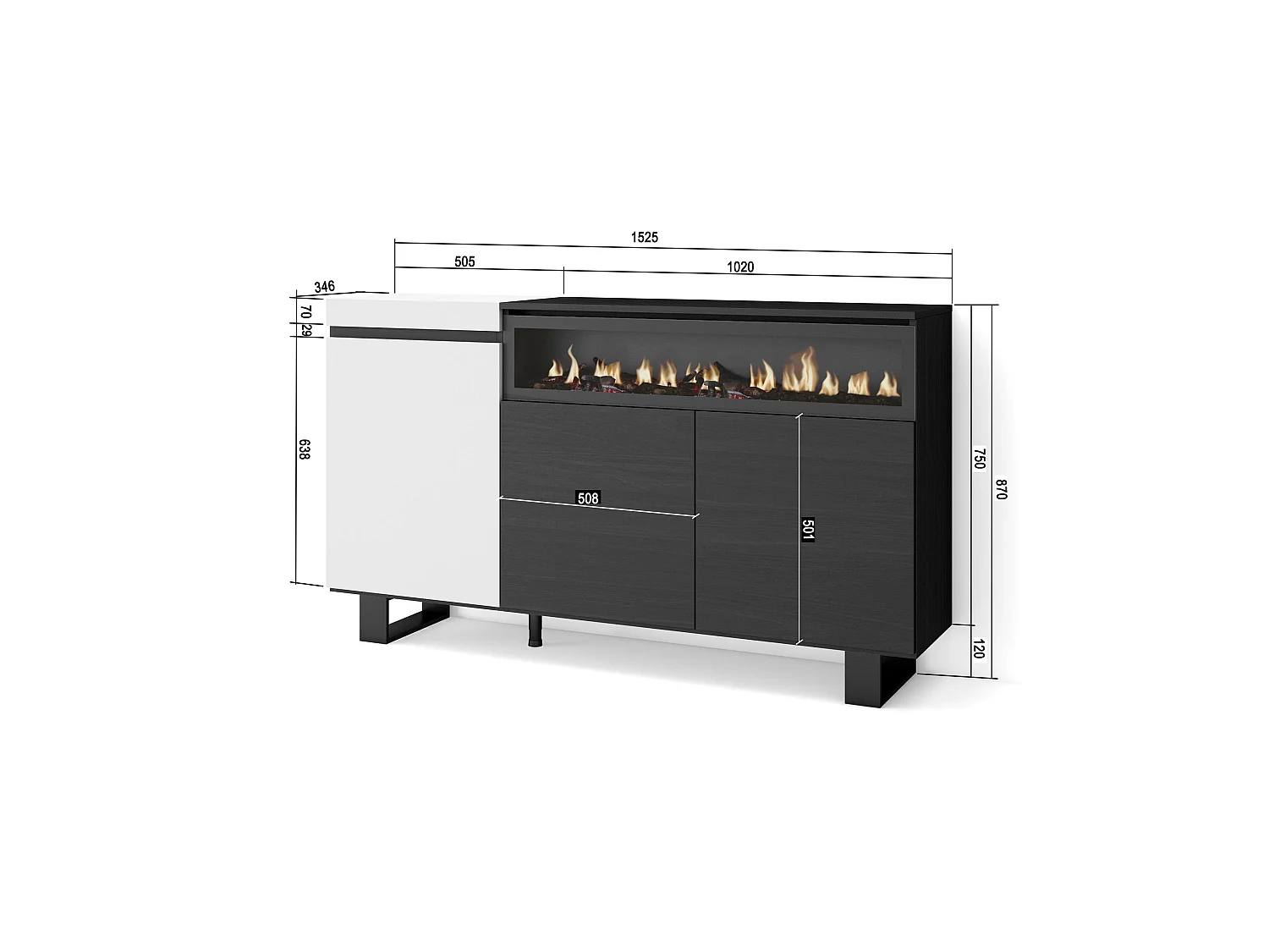 Sideboard, Highboard, 150x35x87cm, 3 Türen, Elektrokamin, Industriedesign, Weiß und Schwarz