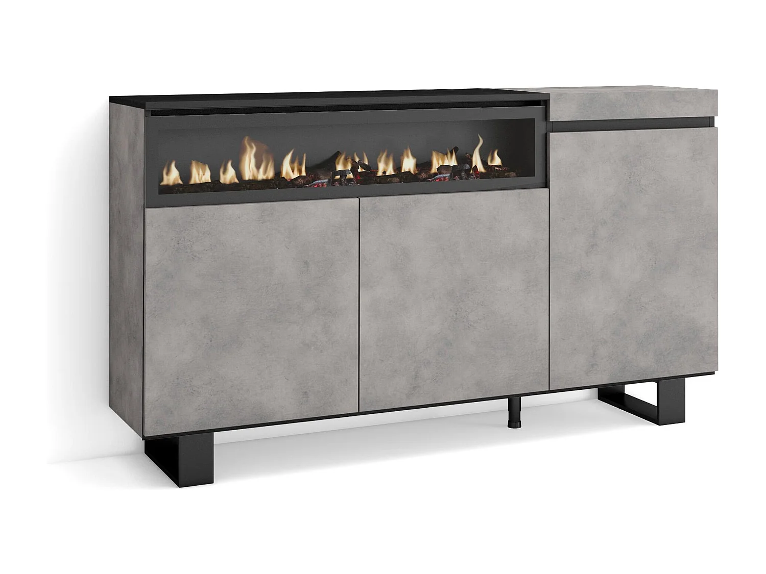 Buffet salon et cuisine, 150x35x87cm, 3 Portes, Cheminée électrique, Design industriel, Ciment