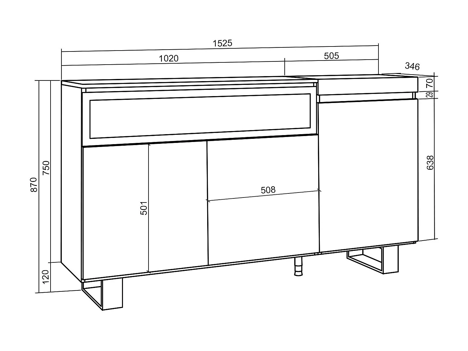 Buffet salon et cuisine, 150x35x87cm, 3 Portes, Cheminée électrique, Design industriel, Ciment