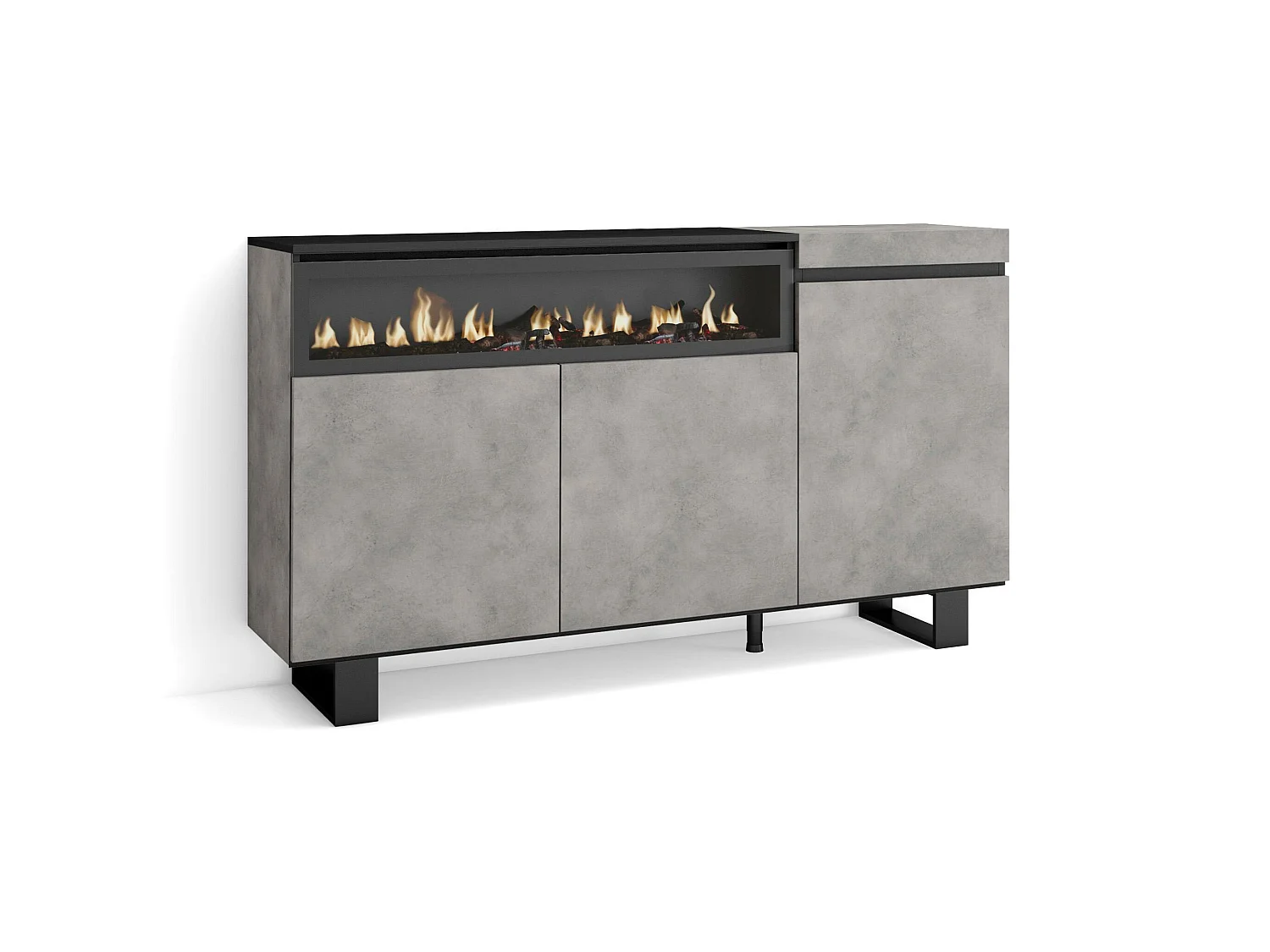 Buffet salon et cuisine, 150x35x87cm, 3 Portes, Cheminée électrique, Design industriel, Ciment