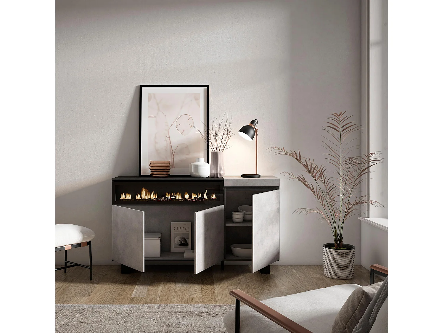 Buffet salon et cuisine, 150x35x87cm, 3 Portes, Cheminée électrique, Design industriel, Ciment