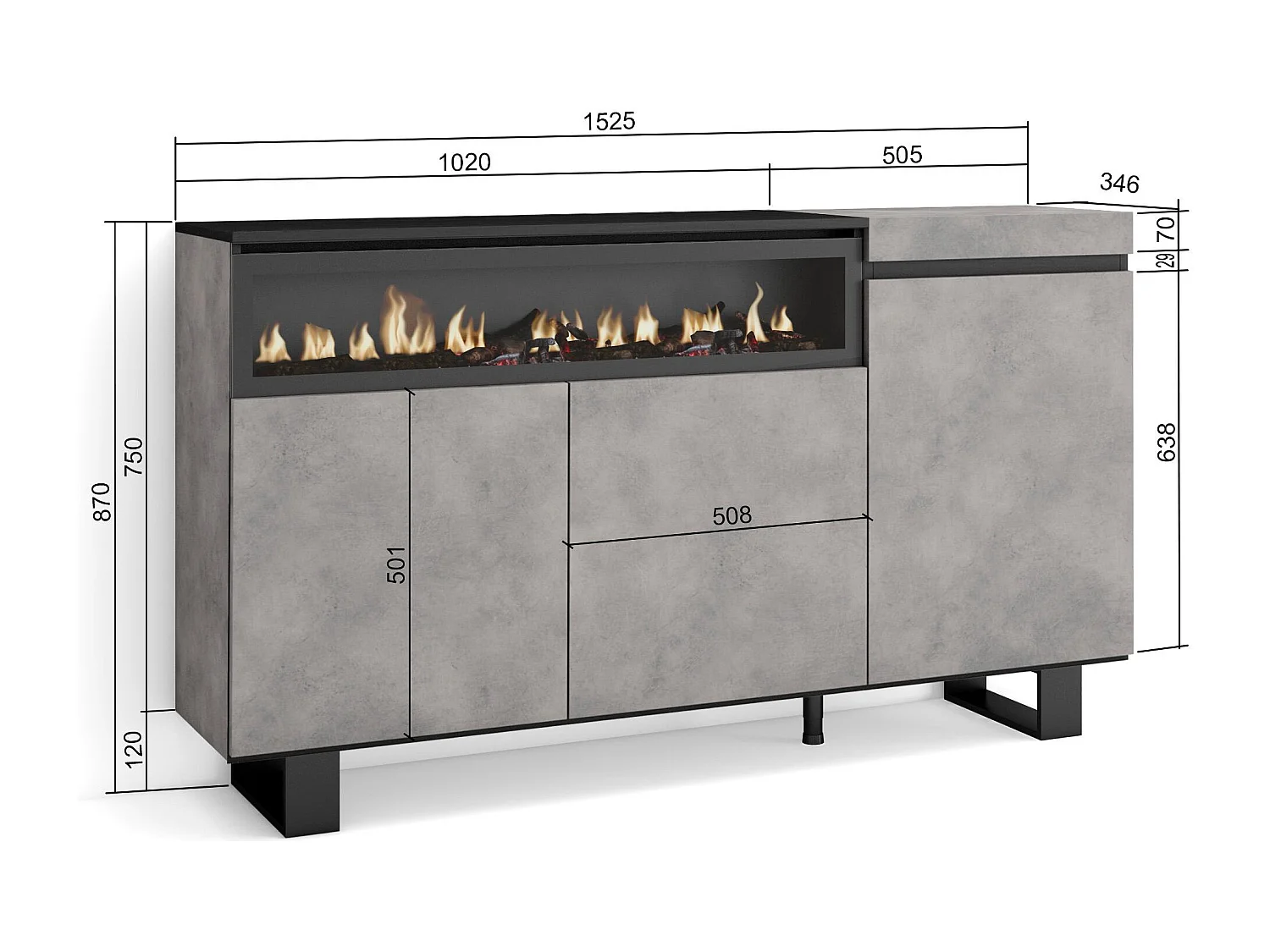 Buffet salon et cuisine, 150x35x87cm, 3 Portes, Cheminée électrique, Design industriel, Ciment