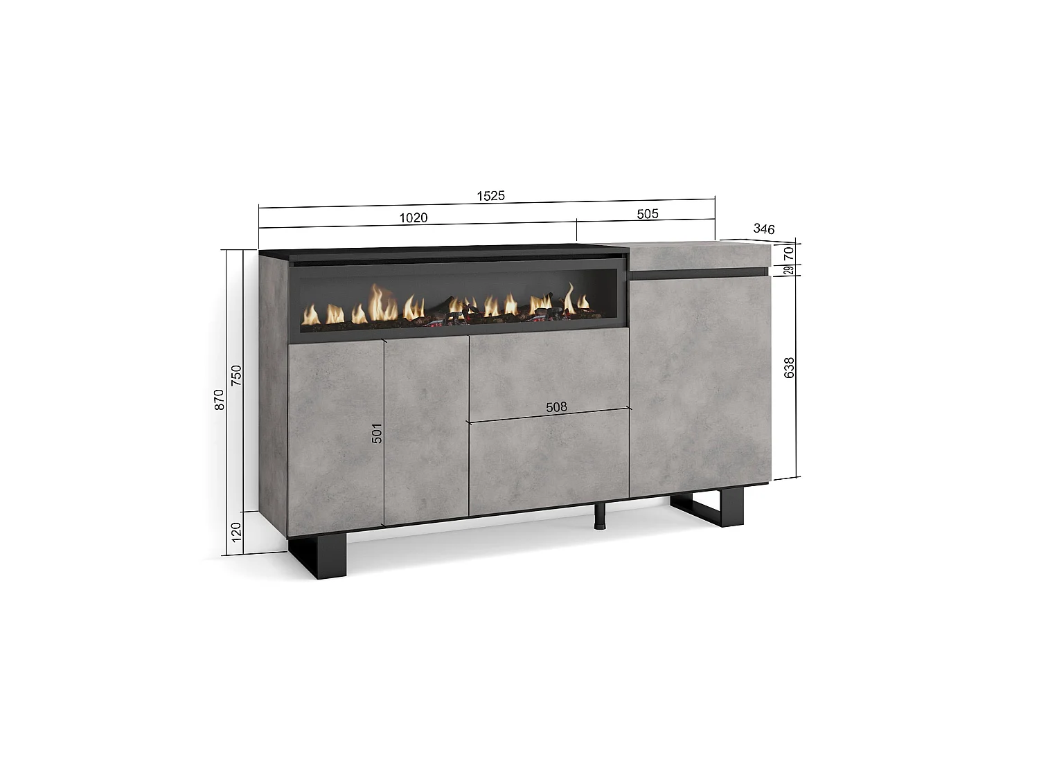 Aparadores para salón, 150x35x87cm, 3 Puertas, Chimenea eléctrica, Diseño industrial, Cemento