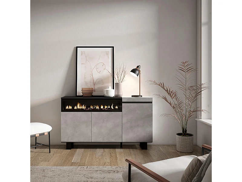 Aparadores para salón, 150x35x87cm, 3 Puertas, Chimenea eléctrica, Diseño industrial, Cemento