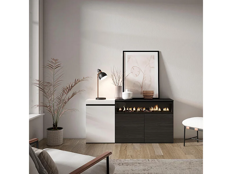 Sideboard, Highboard, 150x35x75cm, 3 Türen, Elektrokamin, Weiß und Schwarz