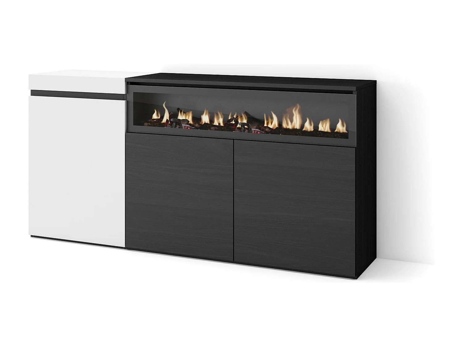 Buffet salon et cuisine, 150x35x75cm, 3 Portes, Cheminée électrique, Blanc et noir