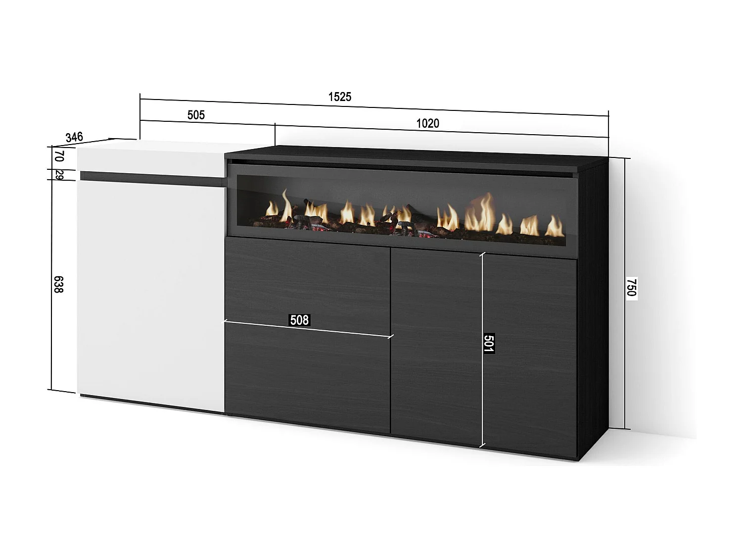 Buffet salon et cuisine, 150x35x75cm, 3 Portes, Cheminée électrique, Blanc et noir