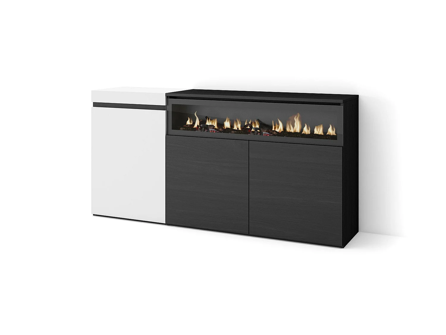 Buffet salon et cuisine, 150x35x75cm, 3 Portes, Cheminée électrique, Blanc et noir