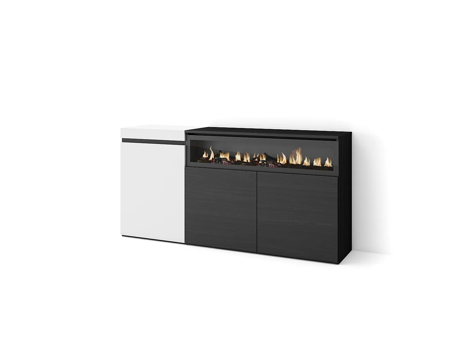 Aparadores para salón, 150x35x75cm, 3 Puertas, Chimenea eléctrica, Blanco y negro