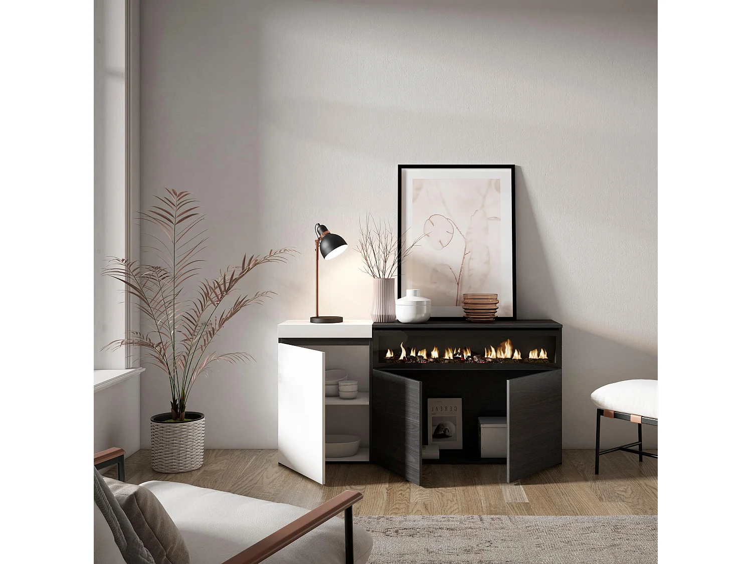 Aparadores para salón, 150x35x75cm, 3 Puertas, Chimenea eléctrica, Blanco y negro