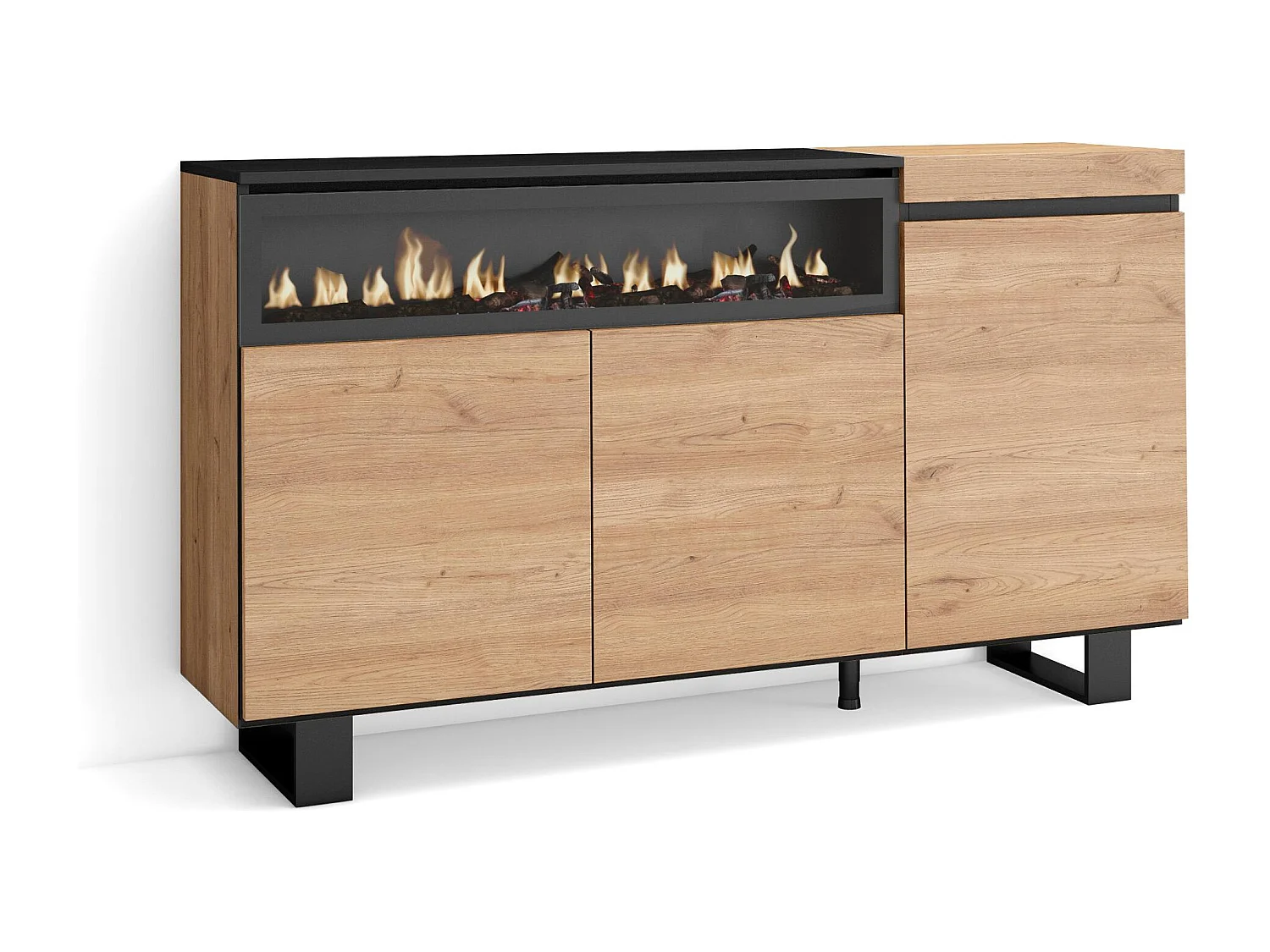Sideboard, Highboard, 150x35x87cm, 3 Türen, Elektrokamin, Industriedesign, Eiche Schwarz