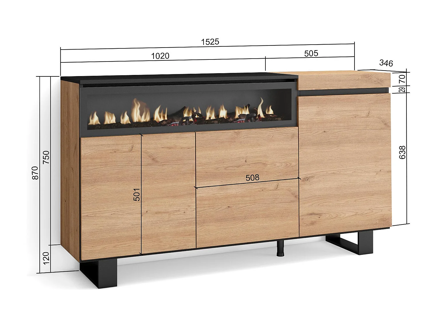 Sideboard, Highboard, 150x35x87cm, 3 Türen, Elektrokamin, Industriedesign, Eiche Schwarz