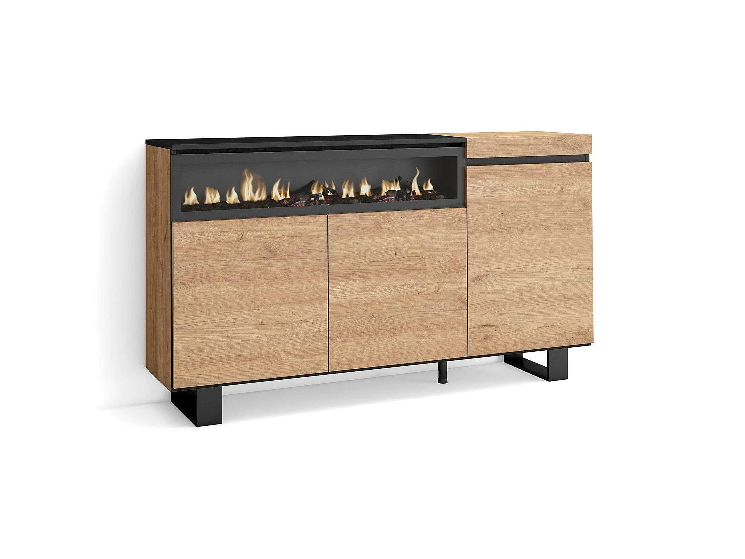 Buffet salon et cuisine, 150x35x87cm, 3 Portes, Cheminée électrique, Design industriel, Chêne et noir