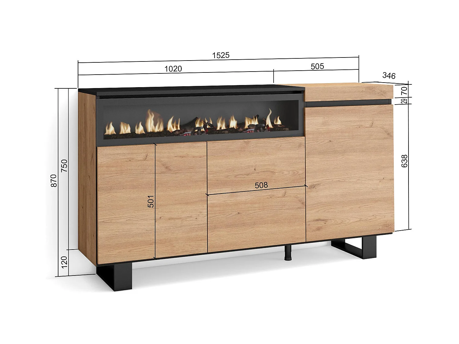 Dressoir, Opbergkast, 150x35x87cm, 3 Deuren, Elektrische haard, Industrieel design, Eiken/Zwart