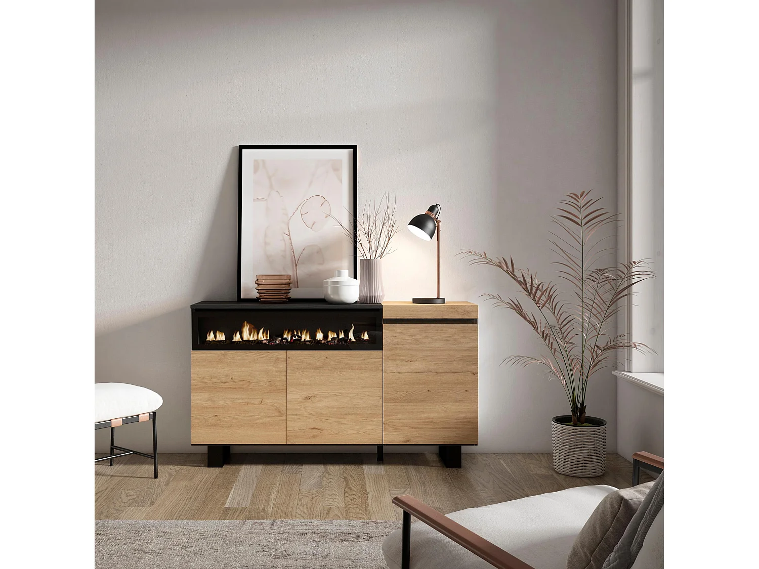 Buffet salon et cuisine, 150x35x87cm, 3 Portes, Cheminée électrique, Design industriel, Chêne et noir