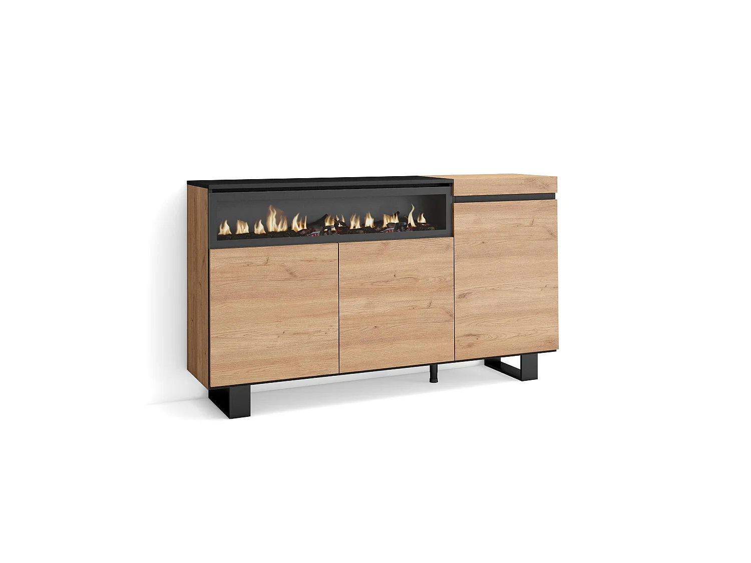 Aparador sala de jantar, 150x35x87cm, 3 Portas, Lareira eléctrica, Design industrial, Carvahlo e preto