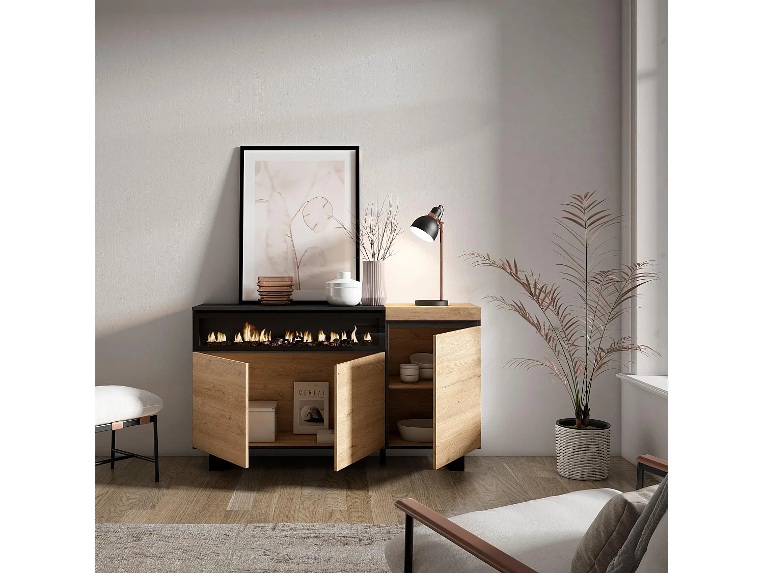 Aparador sala de jantar, 150x35x87cm, 3 Portas, Lareira eléctrica, Design industrial, Carvahlo e preto