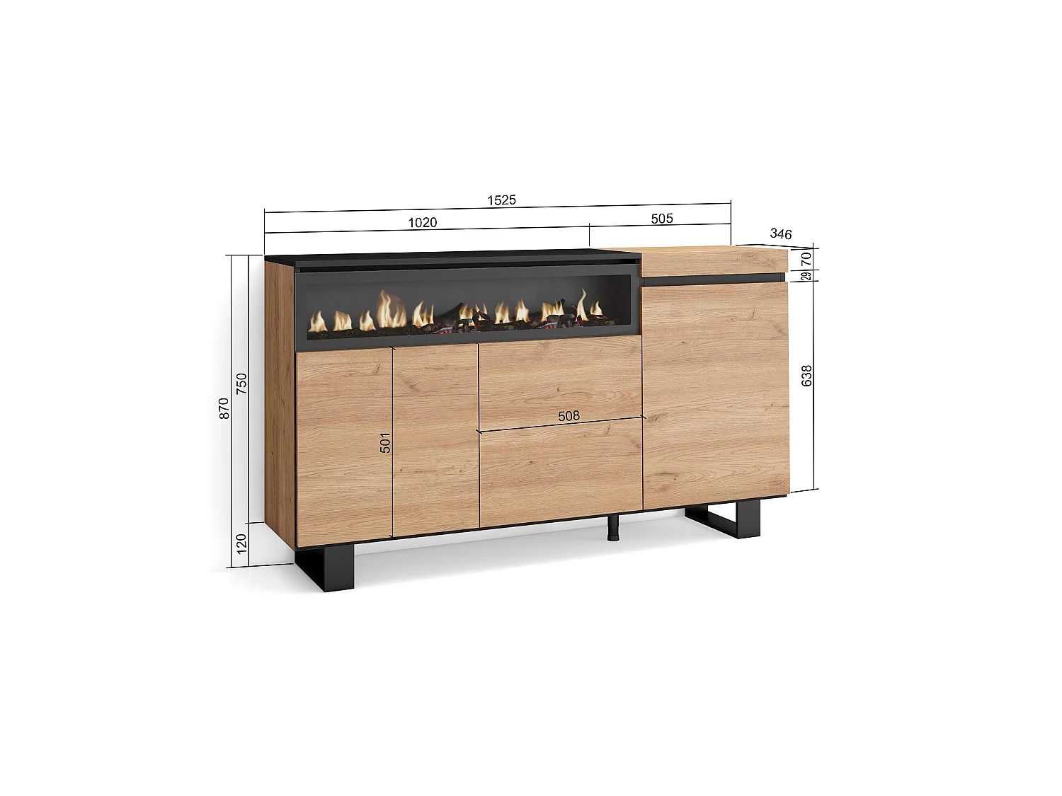 Aparador sala de jantar, 150x35x87cm, 3 Portas, Lareira eléctrica, Design industrial, Carvahlo e preto