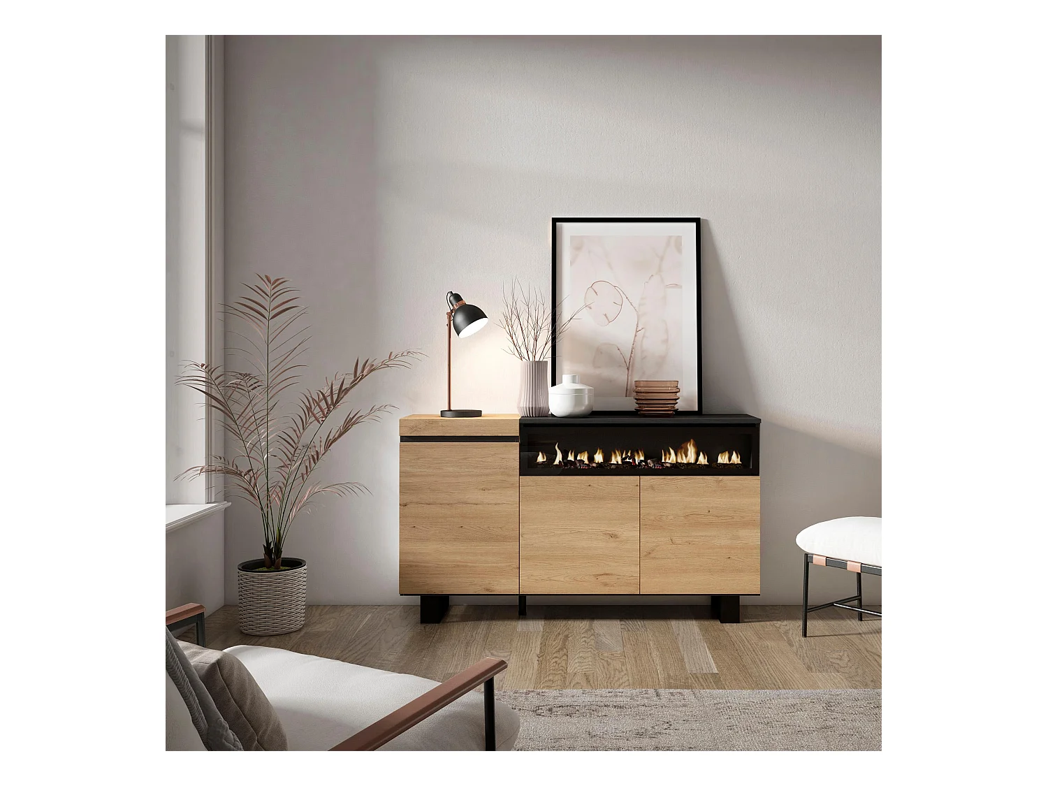 Aparadores para salón, 150x35x87cm, 3 Puertas, Chimenea eléctrica, Diseño industrial, Roble y negro