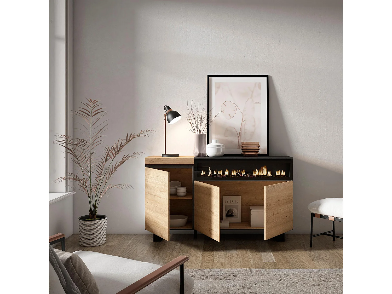 Buffet salon et cuisine, 150x35x87cm, 3 Portes, Cheminée électrique, Design industriel, Chêne et noir