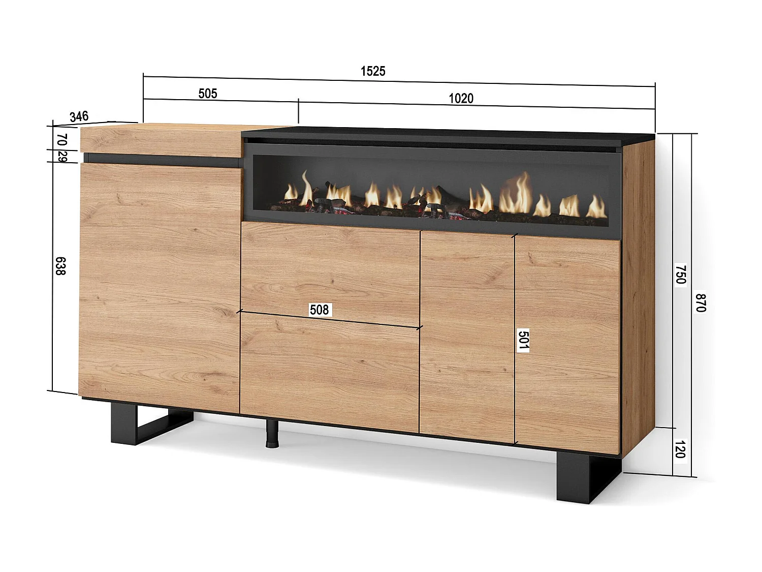 Buffet salon et cuisine, 150x35x87cm, 3 Portes, Cheminée électrique, Design industriel, Chêne et noir