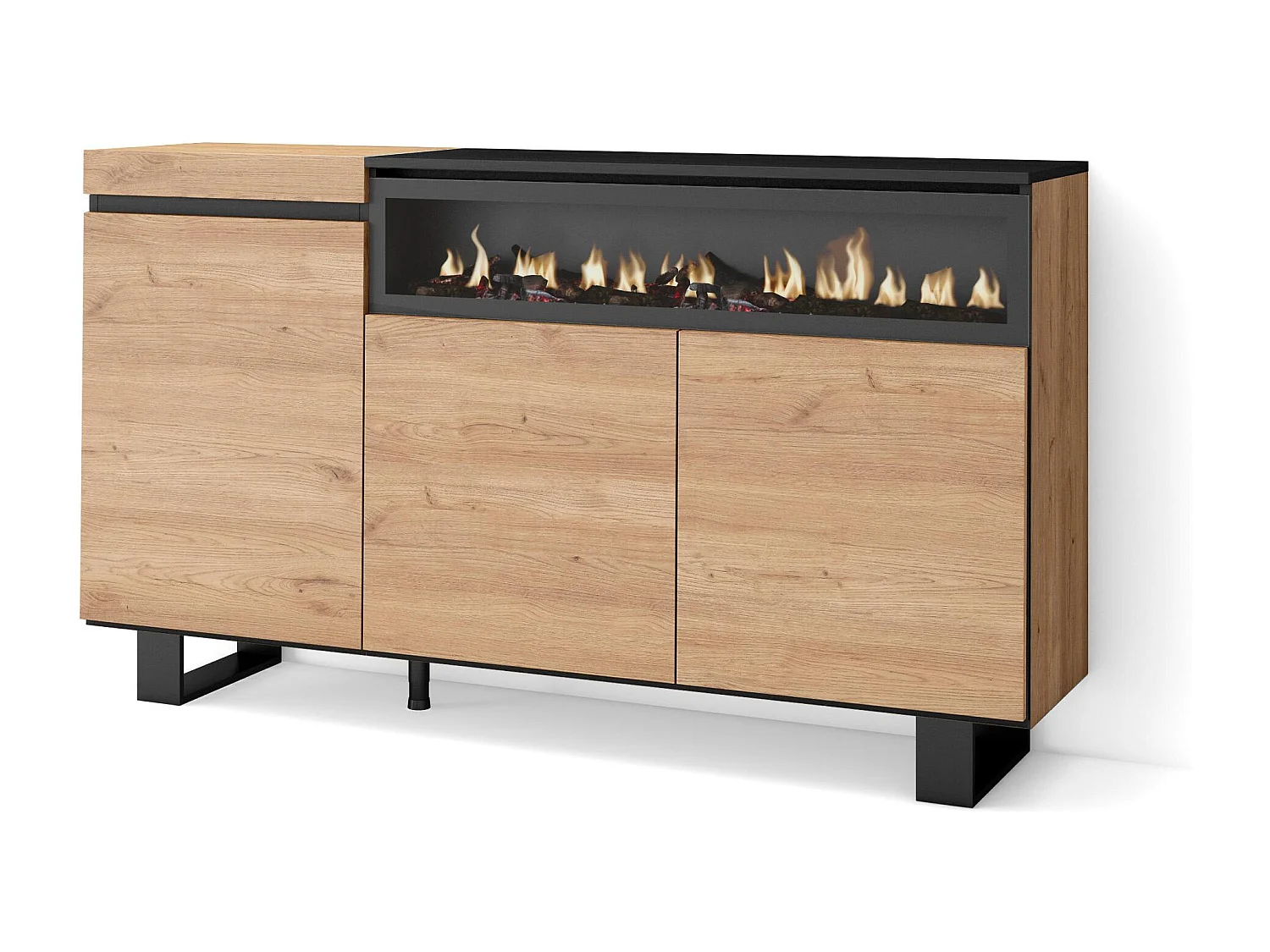 Aparadores para salón, 150x35x87cm, 3 Puertas, Chimenea eléctrica, Diseño industrial, Roble y negro