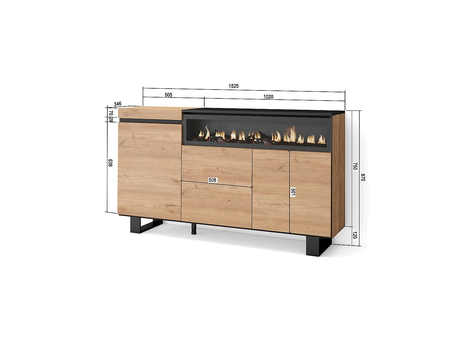Aparadores para salón, 150x35x87cm, 3 Puertas, Chimenea eléctrica, Diseño industrial, Roble y negro