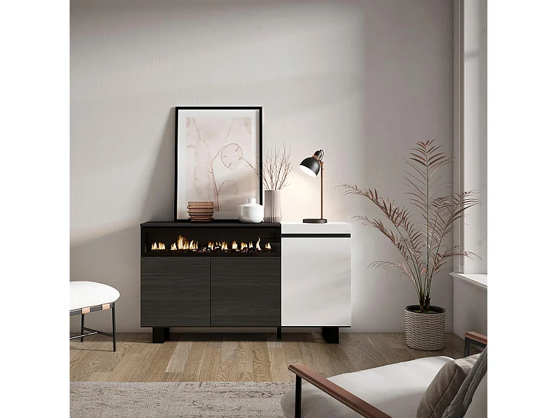 Aparador sala de jantar, 150x35x87cm, 3 Portas, Lareira eléctrica, Design industrial, Branco e preto