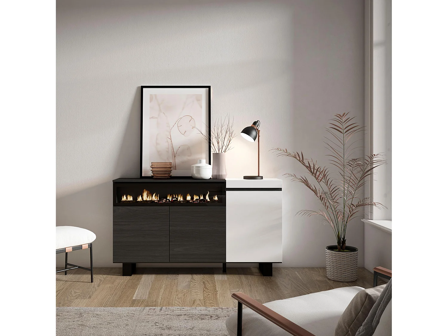 Sideboard, Highboard, 150x35x87cm, 3 Türen, Elektrokamin, Industriedesign, Weiß und Schwarz