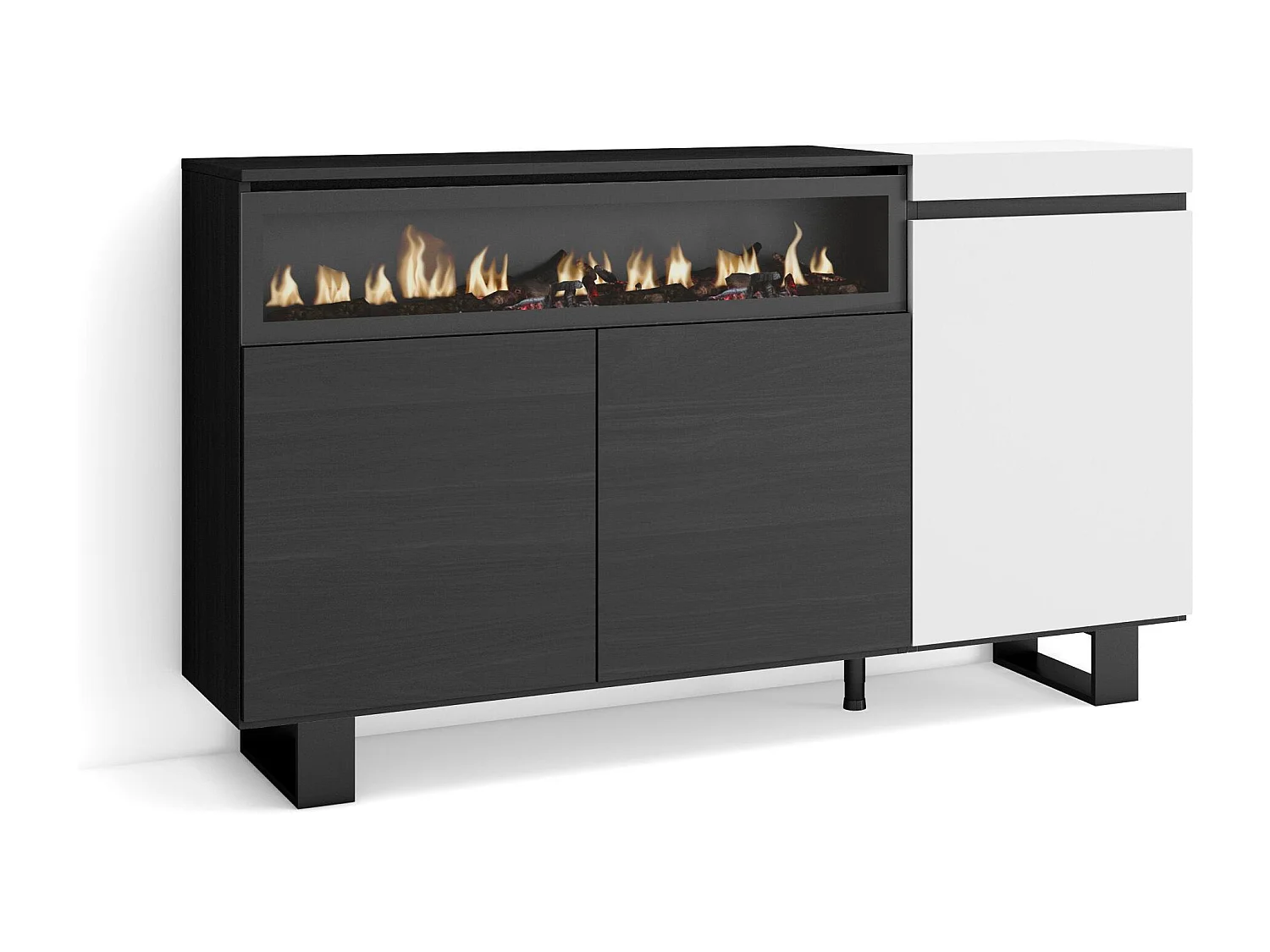 Sideboard, Highboard, 150x35x87cm, 3 Türen, Elektrokamin, Industriedesign, Weiß und Schwarz