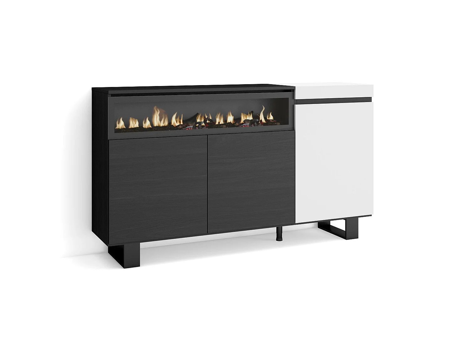 Buffet salon et cuisine, 150x35x87cm, 3 Portes, Cheminée électrique, Design industriel, Blanc et noir
