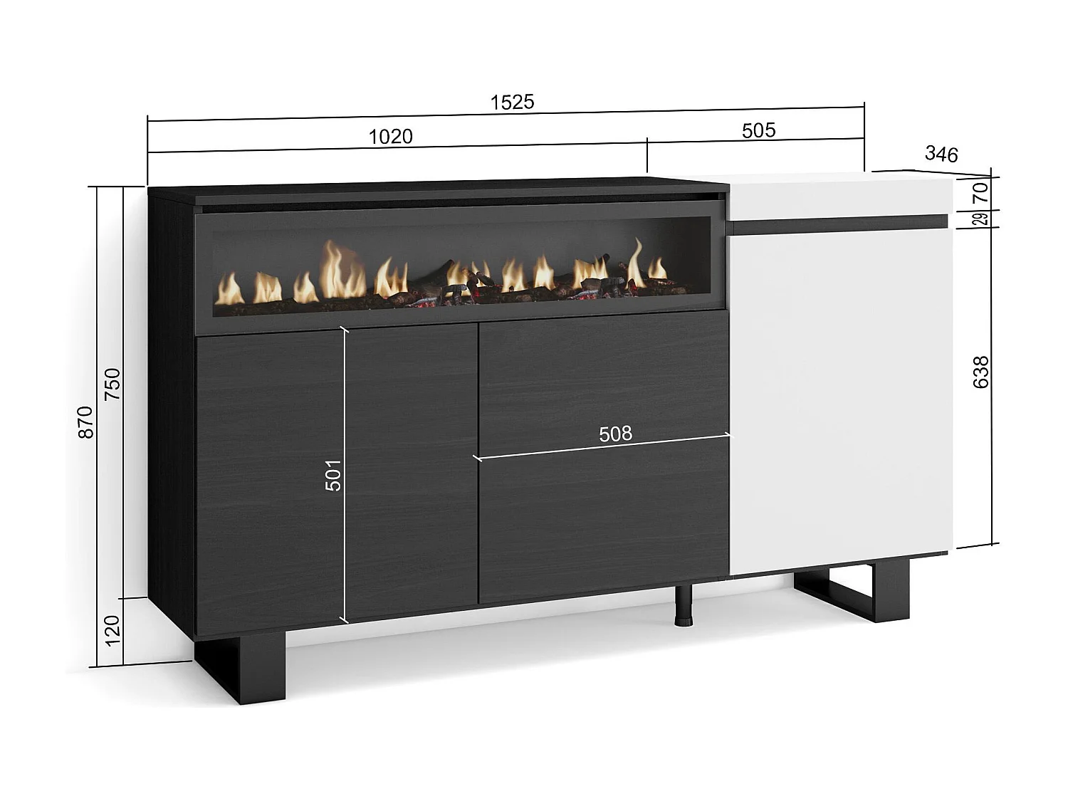 Aparador sala de jantar, 150x35x87cm, 3 Portas, Lareira eléctrica, Design industrial, Branco e preto