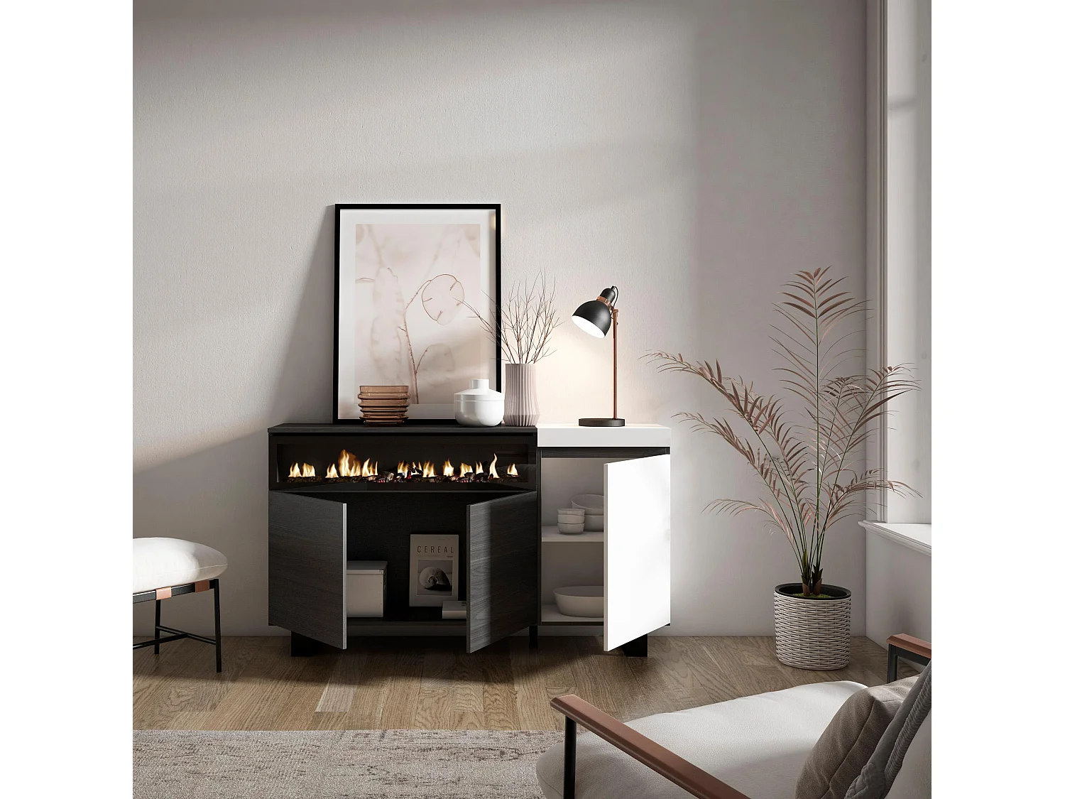 Aparador sala de jantar, 150x35x87cm, 3 Portas, Lareira eléctrica, Design industrial, Branco e preto