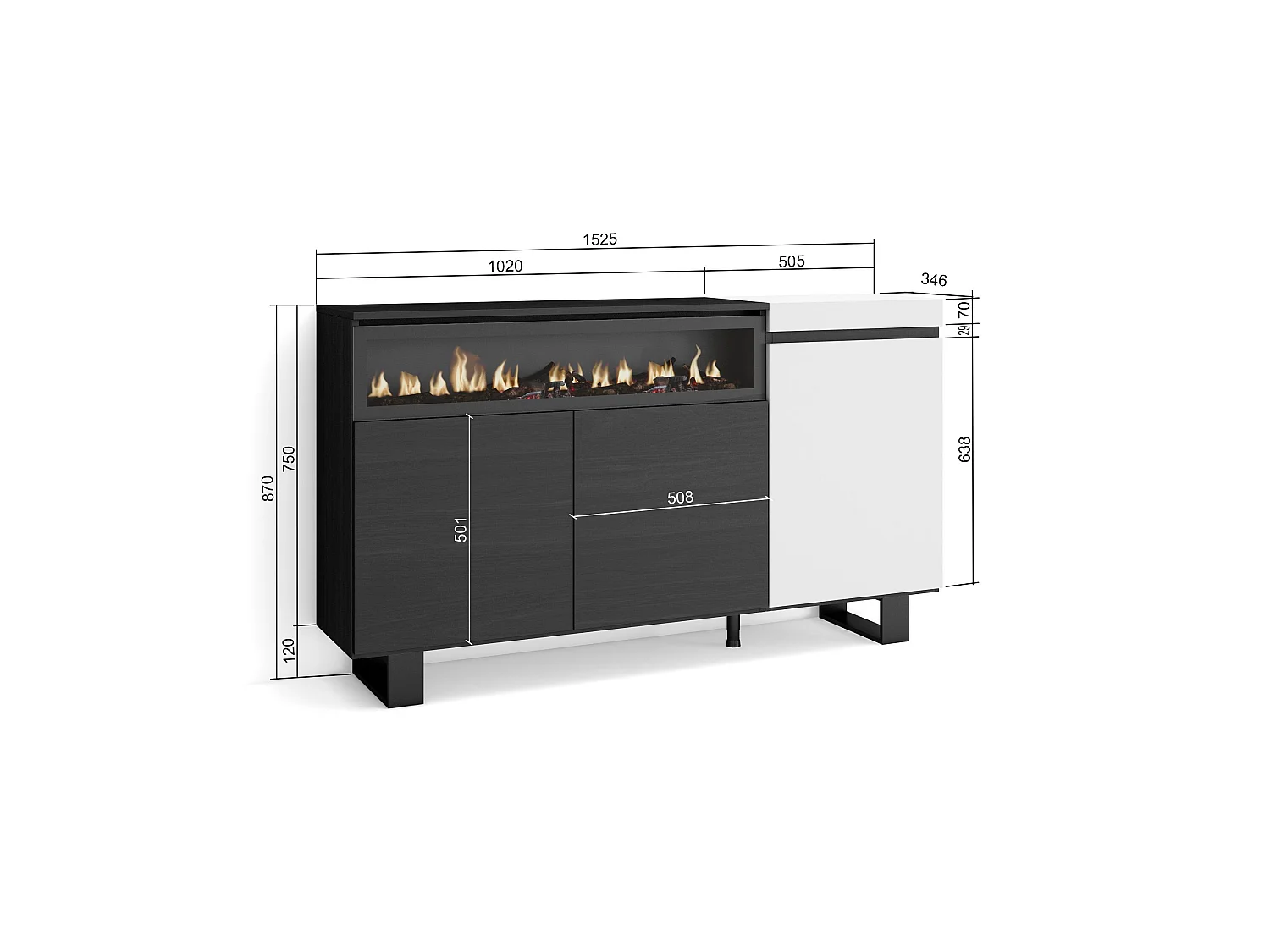 Sideboard, Highboard, 150x35x87cm, 3 Türen, Elektrokamin, Industriedesign, Weiß und Schwarz