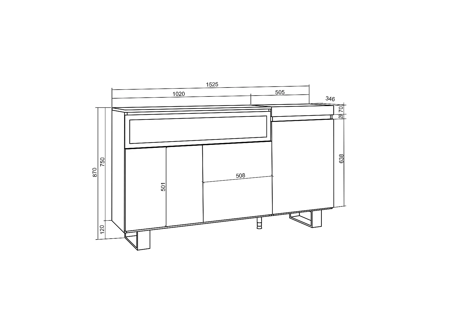 Sideboard, Highboard, 150x35x87cm, 3 Türen, Elektrokamin, Industriedesign, Weiß und Schwarz