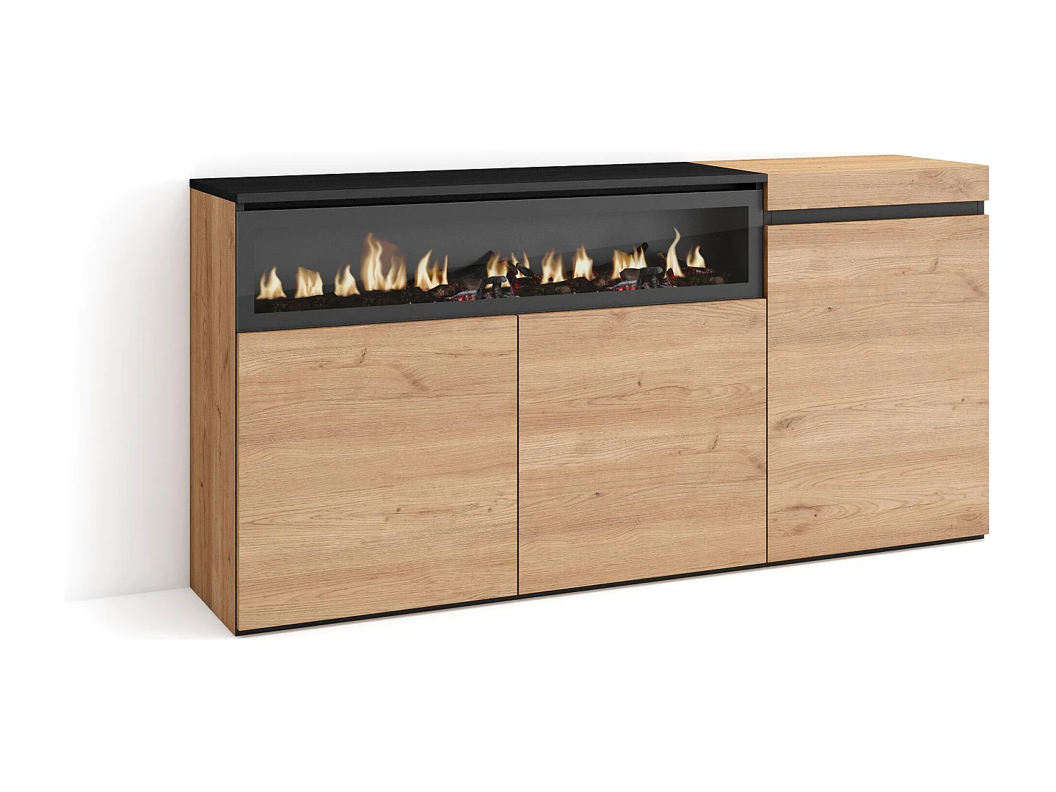 Sideboard, Highboard, 150x35x75cm, 3 Türen, Elektrokamin, Eiche Schwarz