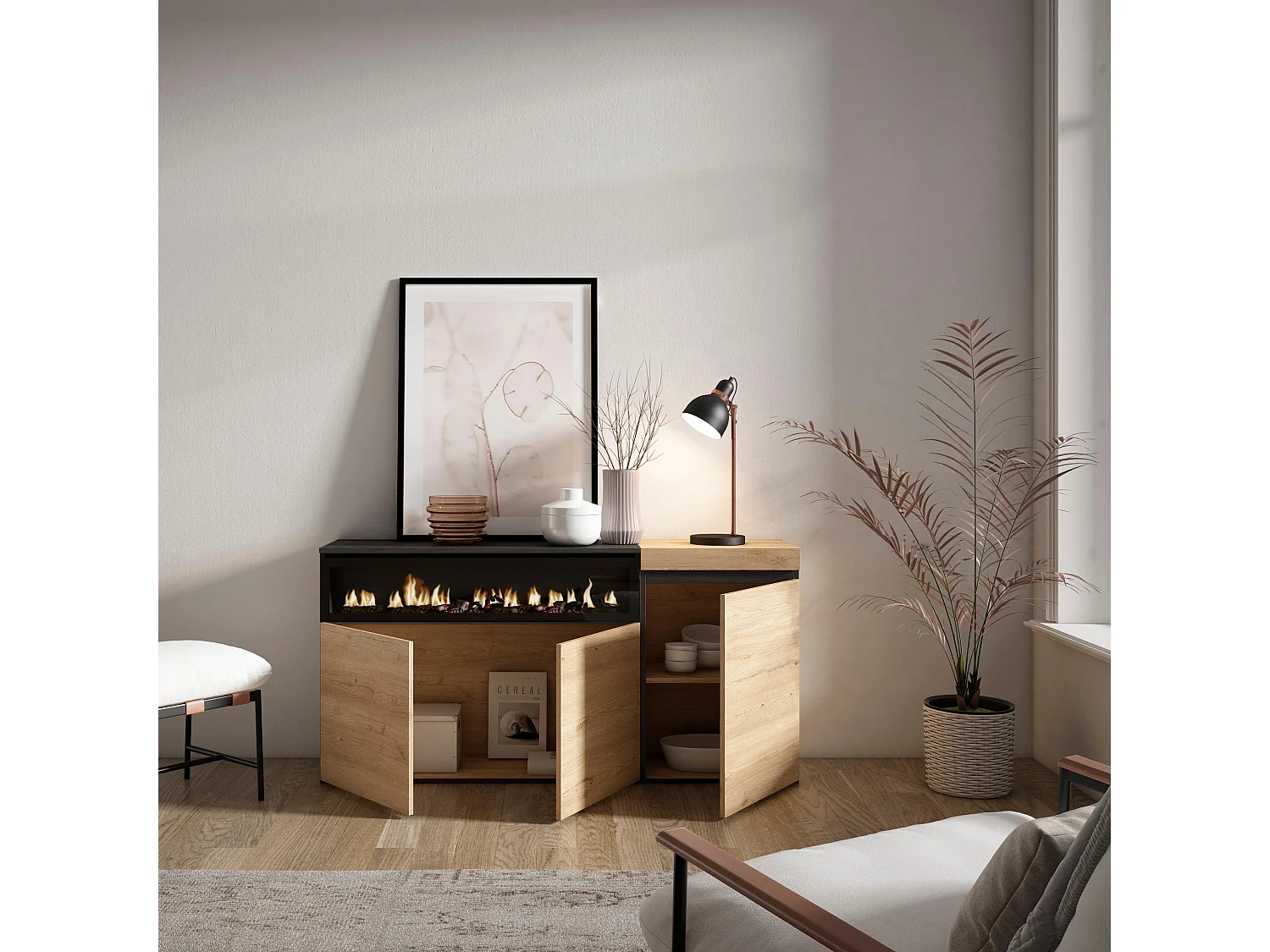 Sideboard, Highboard, 150x35x75cm, 3 Türen, Elektrokamin, Eiche Schwarz