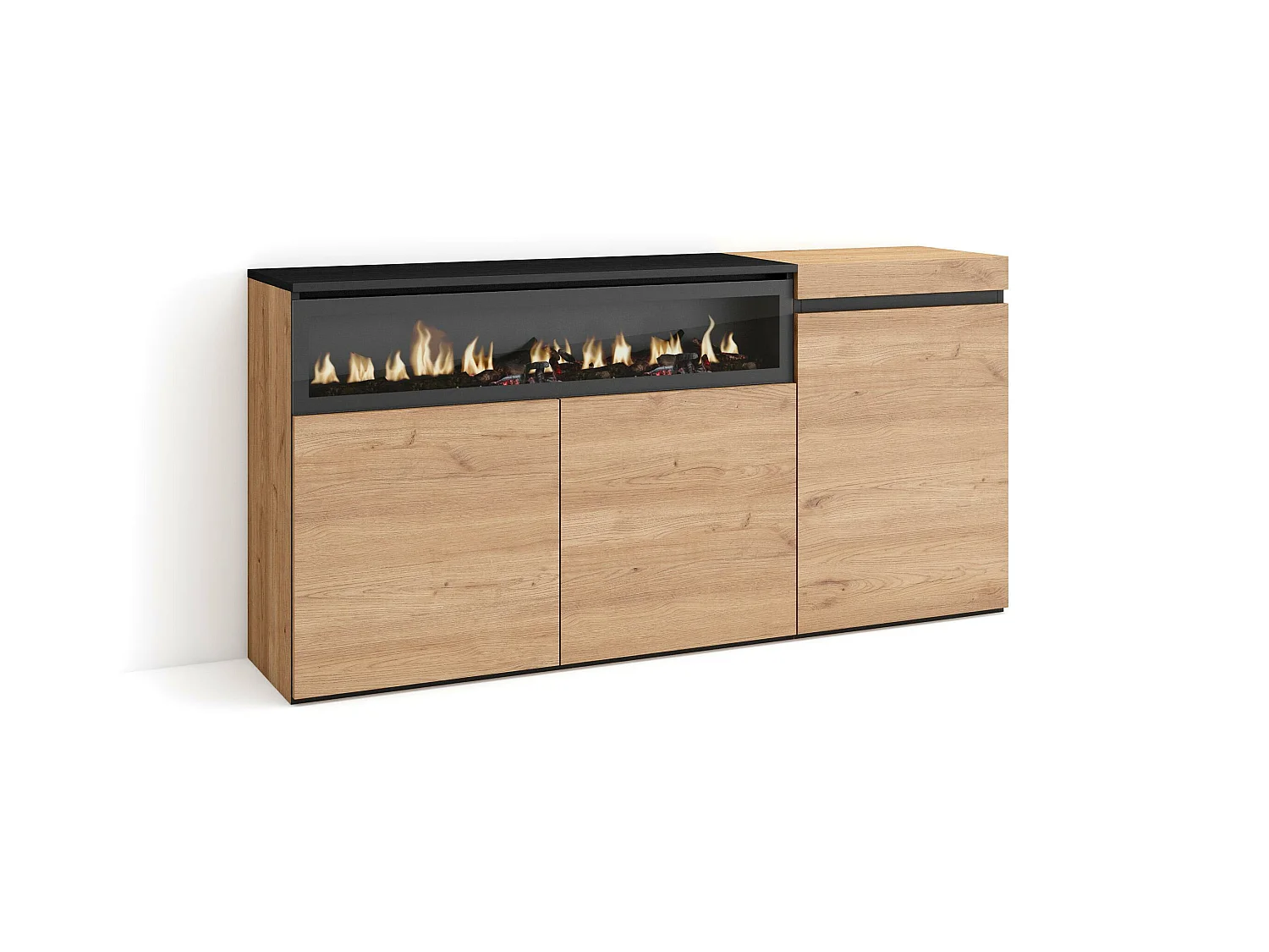 Buffet salon et cuisine, 150x35x75cm, 3 Portes, Cheminée électrique, Chêne et noir