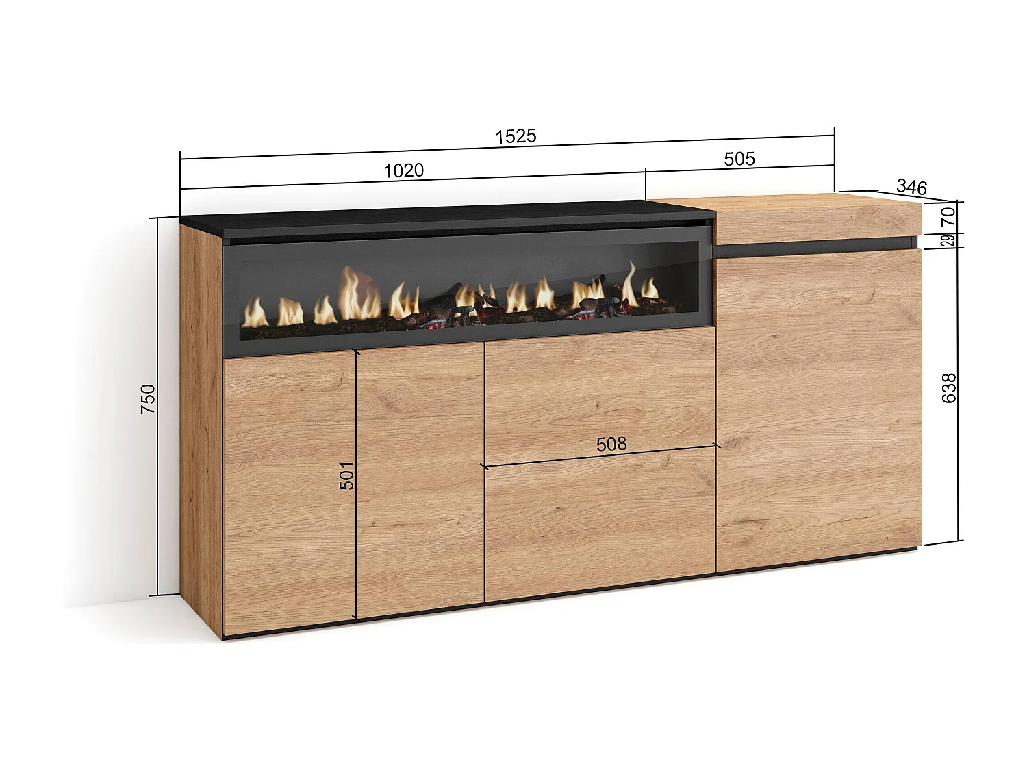 Buffet salon et cuisine, 150x35x75cm, 3 Portes, Cheminée électrique, Chêne et noir