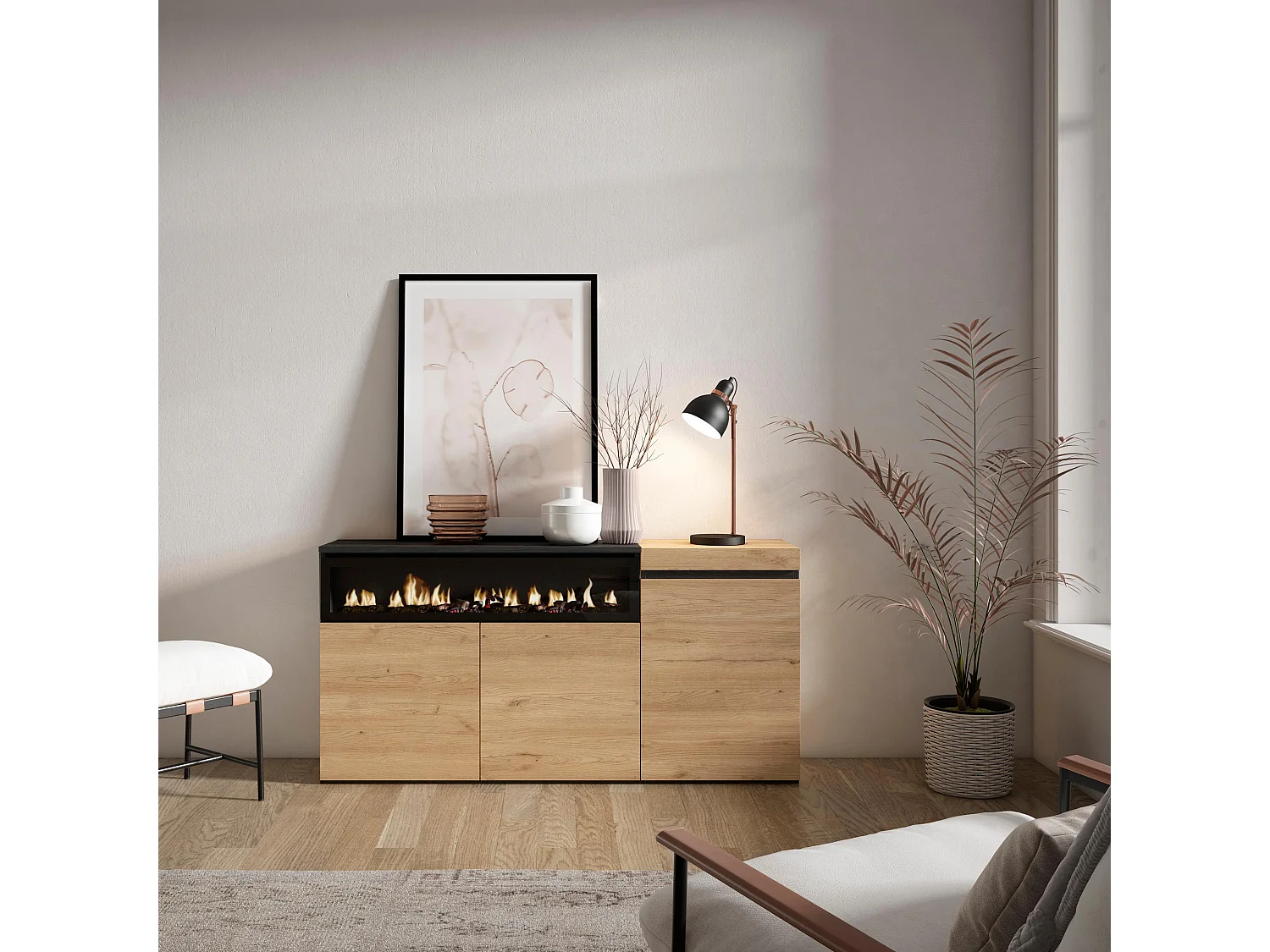 Aparador sala de jantar, 150x35x75cm, 3 Portas, Lareira eléctrica, Carvahlo e preto